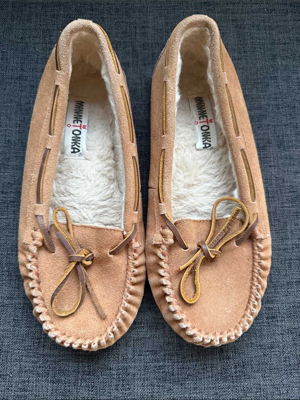 Minnetonka Suede Moccasin Slippers in Tan with Cream Lining